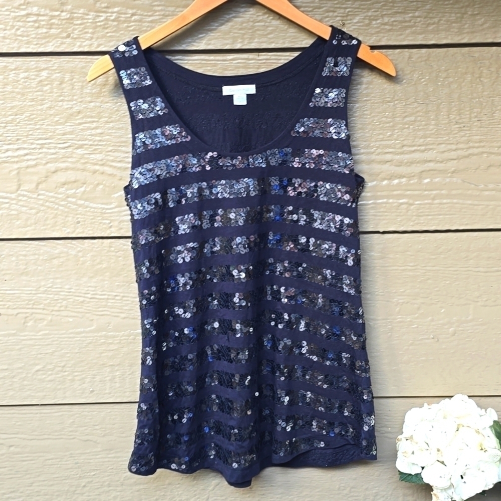 Garnet Hill Top Black Pailette Sequin Stripe Sleeveless Tank Cotton Modal S